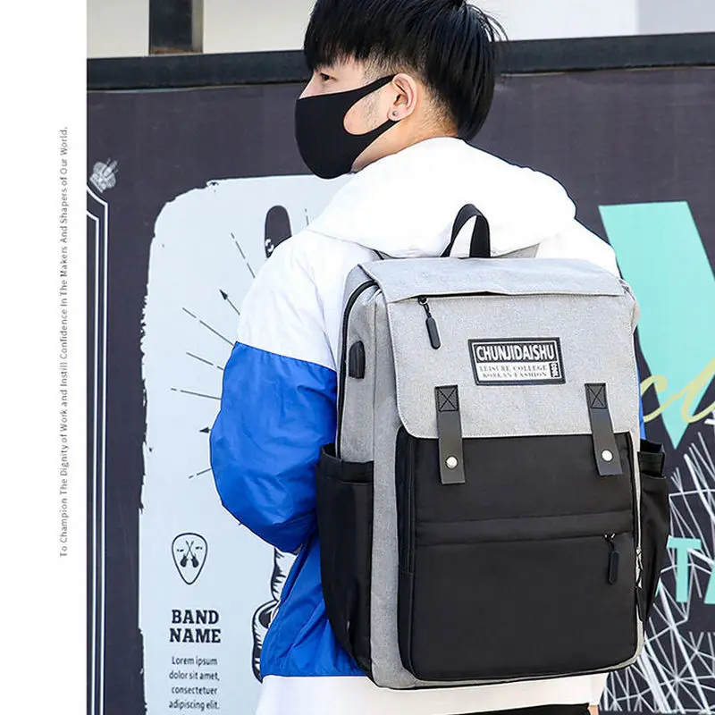 

Large USB Backpack Men School Bags for Boys Teenage 17 Inch Laptop Back Pack Oxford Solid High Student College Bagpack Black New