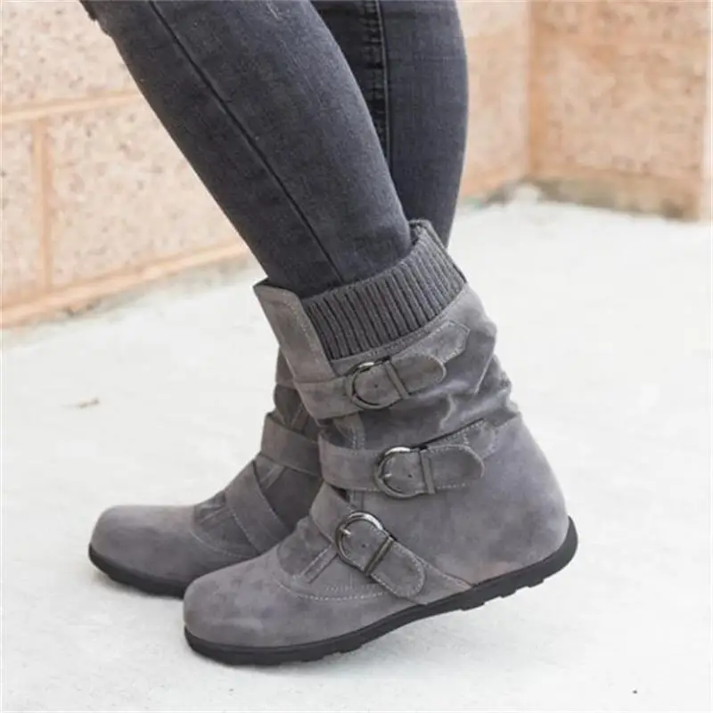 

New Women Warm Snow Boots Arrival Flat Plush Casual Ladies Shoes Botas Woman Autumn Winter Buckle Female Mid Calf Boots Zapatos