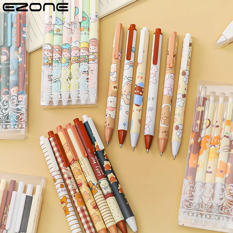 

EZONE 6Pcs/Set Cartoon Boxed Press Neutral Pen Student Examination Office Black Ink Pen School Office Stationery Supplies