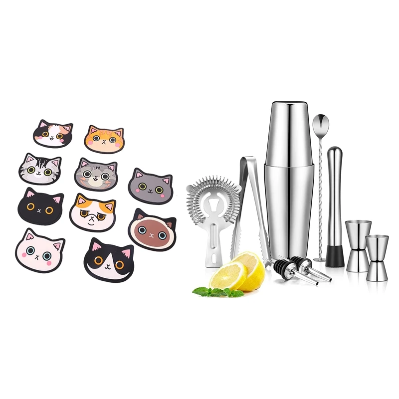 

HOT-1 Set Boston Shaker Cocktail Shaker Set & 10 Pcs Cat Silicone Mat Cup Bar Home Cartoon Animal Coaster