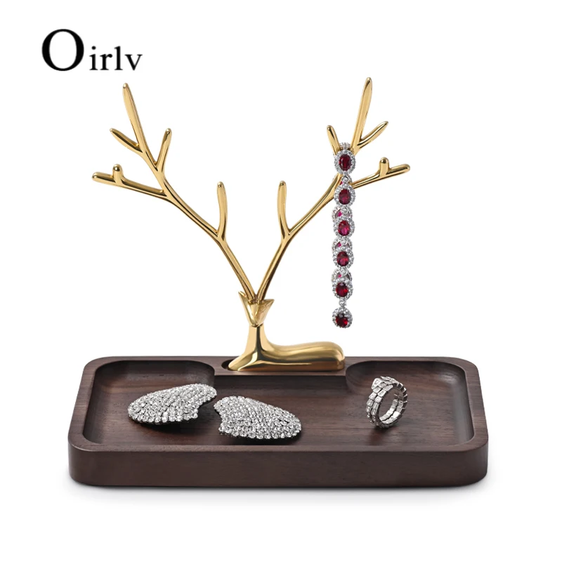 Oirlv New Wooden Deer Earring Necklace Pendant Bracelet Metal Walnut Jewelry Cases Display Stand Tray Tree Storage