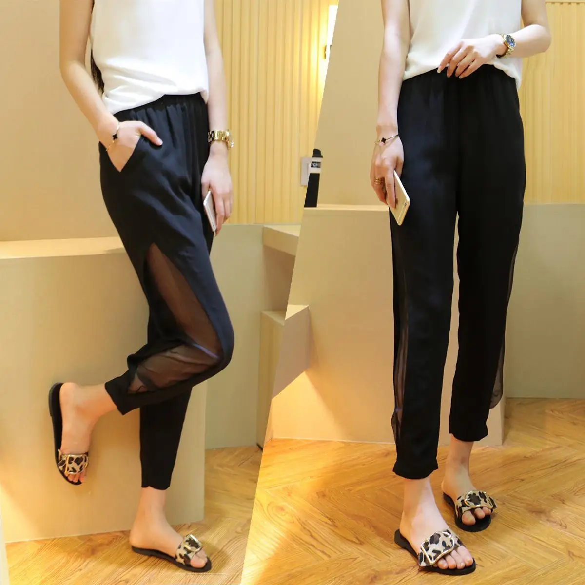 

Skinny Harem Pants Women's Summer 2020 New Style High-waisted Thin Ankle-length Pants Slit-Porous Mesh Chiffon Pants
