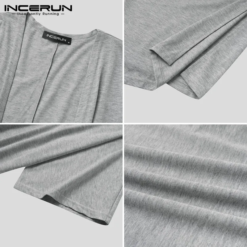 

INCERUN Men Outerwear Streetwear Solid Color 2021 Half Sleeve Open Stitch Long Style Trench Casual Cardigan Vintage Mens Coats