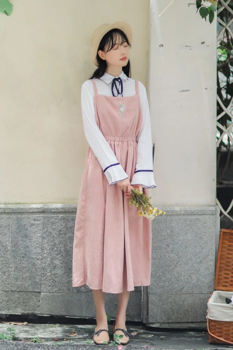 Новинка, Mori Girl, Осенний женский сарафан, бежевое, розовое, зеленое, синее, Цветочная вышивка, без рукавов, длинное платье, элегантное, винтажное, вельветовое платье