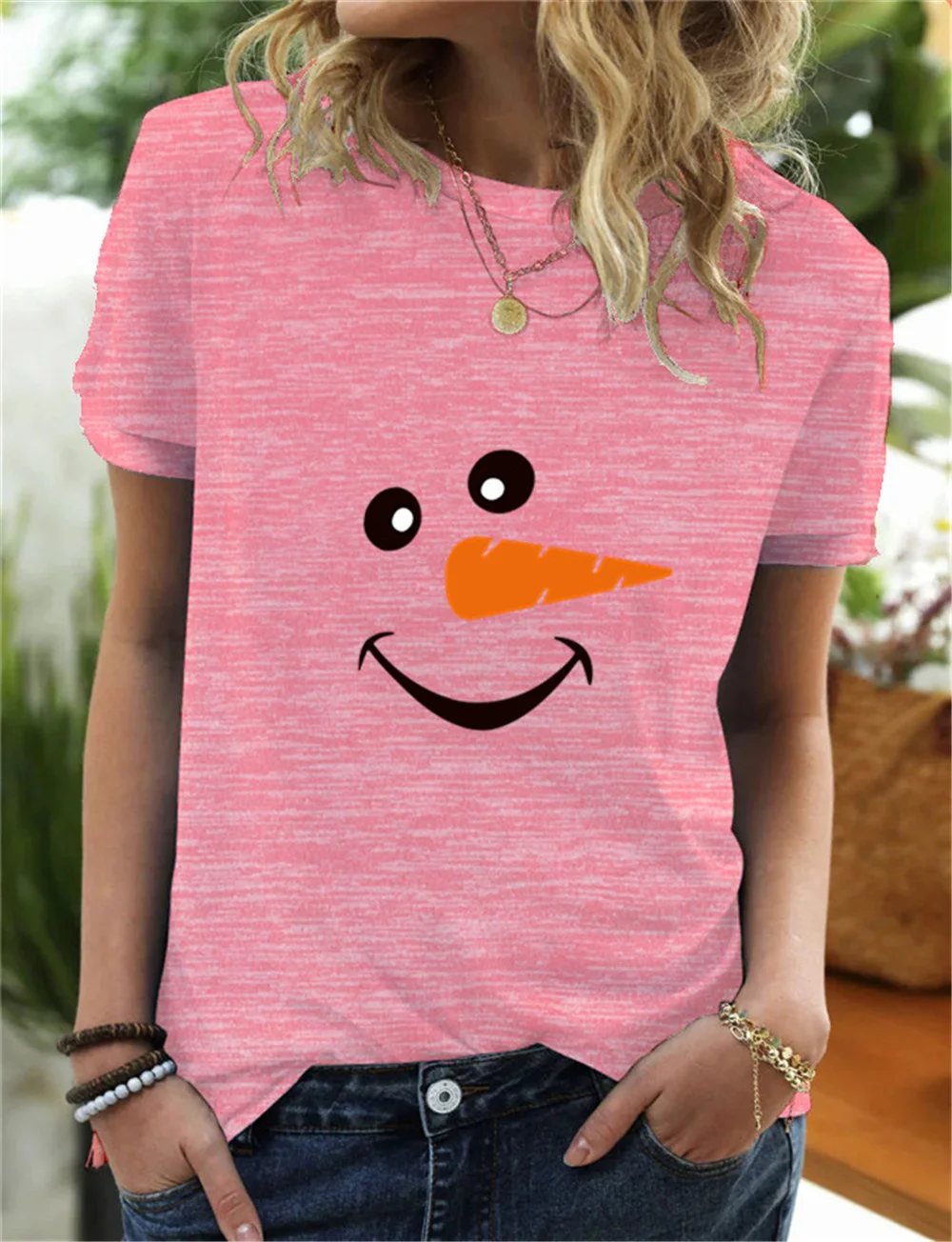 

Женский Рождественский Свободный Топ с коротким рукавом и принтом снеговика