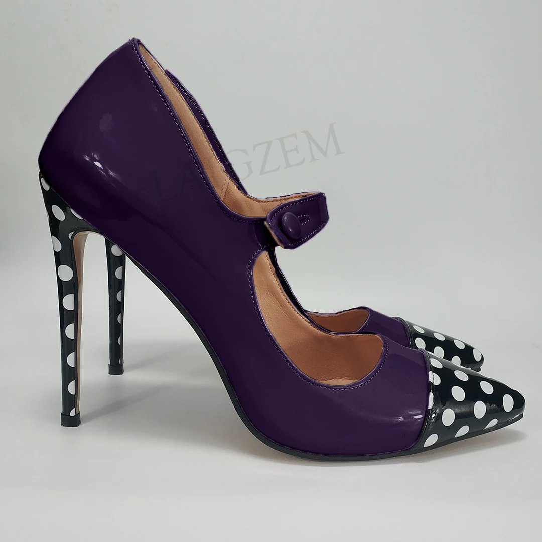 Purple Dots LAIGZEM/женские туфли на каблуке-шпильке в стиле пэчворк; Туфли Mary Jane на каблуке с острым носком для вечеринки; женские туфли-лодочки; г.; большие размеры 45, 46, 47 - Цвет: Purple Dots