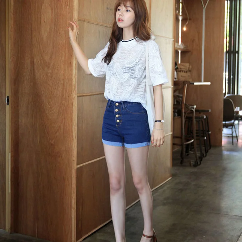 

Pop Lady Jeans Solid Color High Waist Buckle Shorts Casual For Summer Pop 88