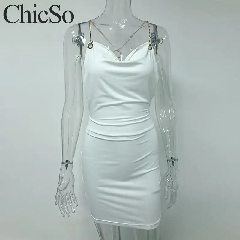 MissyChilli сатиновое элегантное белое платье с открытой спиной для женщин цепочкой
