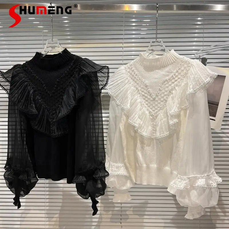 

Новинка Зима 2021, женские блузы с гофрированным воротником и длинным рукавом, Женская Модная элегантная вязаная рубашка с воротником-хомуто...