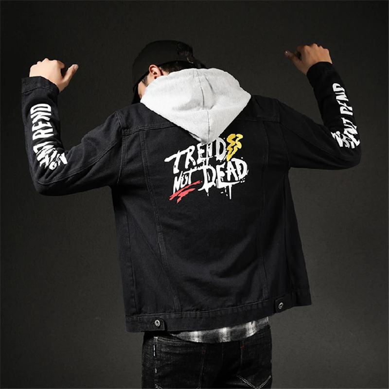 

Individuality English Printed Mens Cowboy Coat Spring Autumn Slim Fit Casual Denim Jacket Male Streetwear Student Black Jean Top