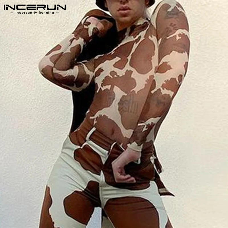 

Мужская футболка с леопардовым принтом, сетчатая Просвечивающая уличная одежда с длинным рукавом 2022, модная уютная Сексуальная Повседневн...