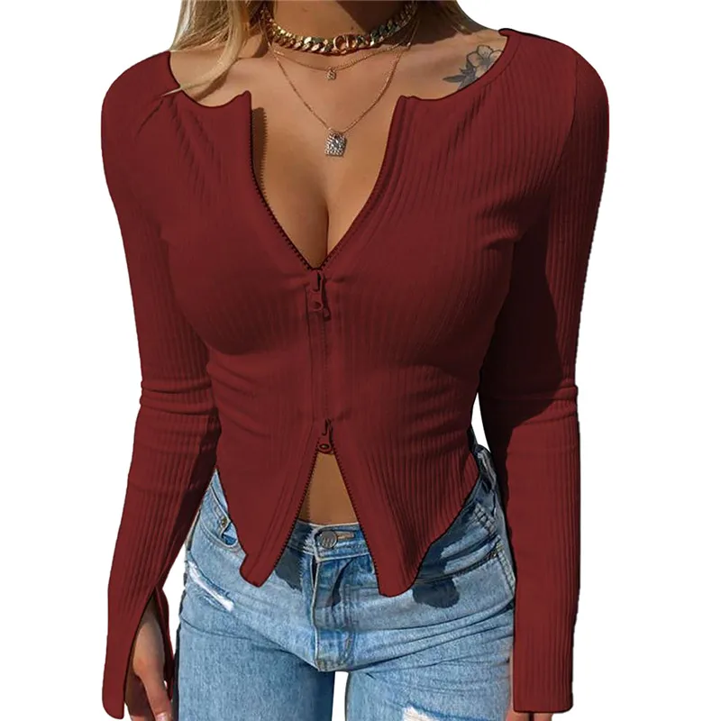 

Women T-shirt Spring Autumn Clothes Ribbed Knitted Long Sleeve Crop Tops Zipper Design Tee Sexy Female Slim Black White Tops