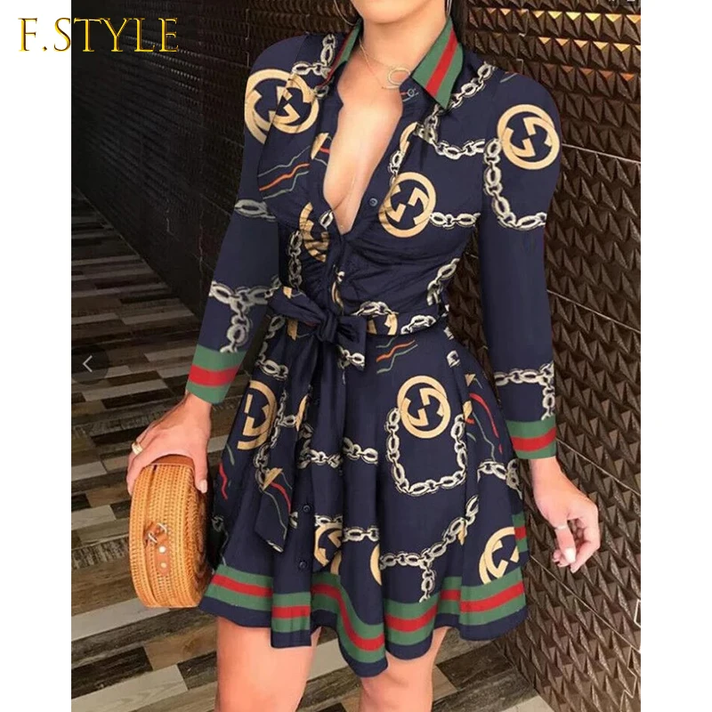 

Summer Dresses for Women Print V Neck Turn-down Collar A-Line Office Lady Casual Dress Fashion Streetwear Women's Dresses