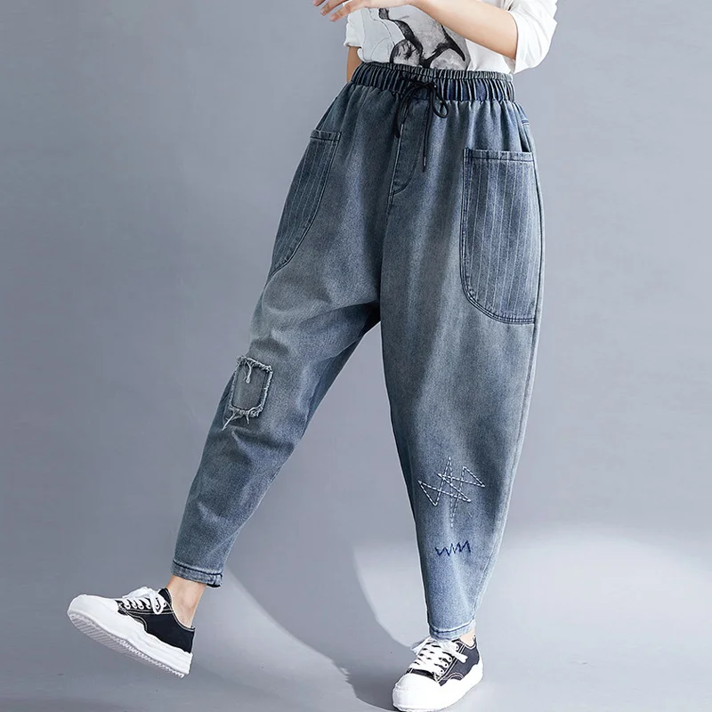 Женские джинсы с эластичной резинкой на талии Johnature корейские шаровары вышивкой