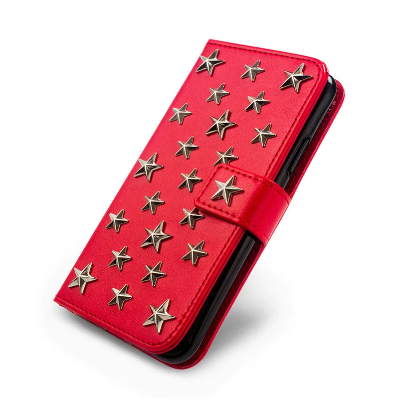 Red Роскошный кожаный чехол ручной работы для Iphone Xs 11 Pro MAX XR X 8 7 Plus Diy со звездами и заклепками Чехол-книжка Hoesje - Цвет: Red