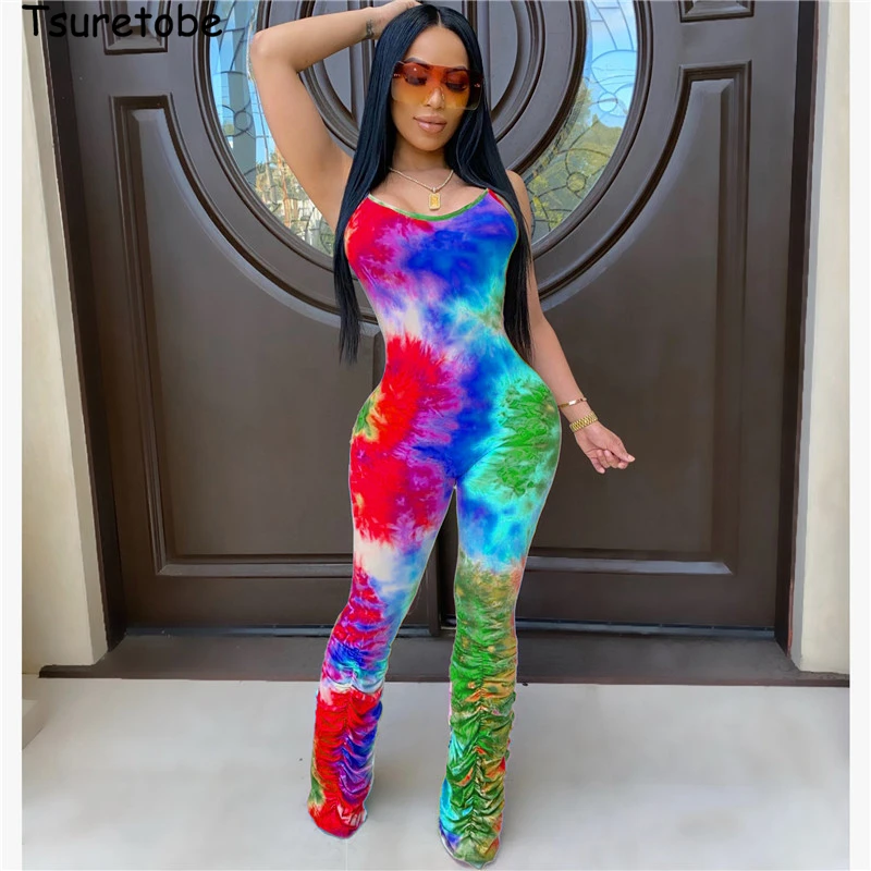 

Tsuretobe Tie Dye Print Jumpsuit Women Summer 2020 Stacked Pants Sexy Rompers Spaghetti Strap Club Outfits Party Overalls Female