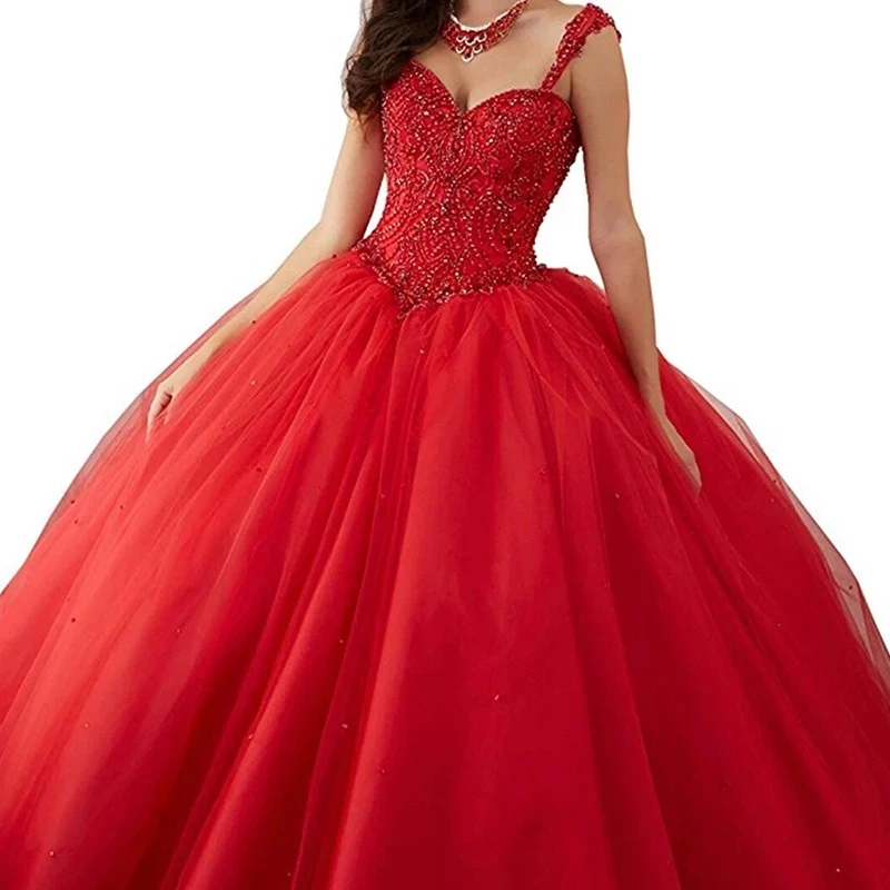 

2021 Red Tulle Ball Gown Wedding Prom Dresses Long Spaghetti Sweet 16 Lace Sequined Quinceanera Dresses vestido de fiesta