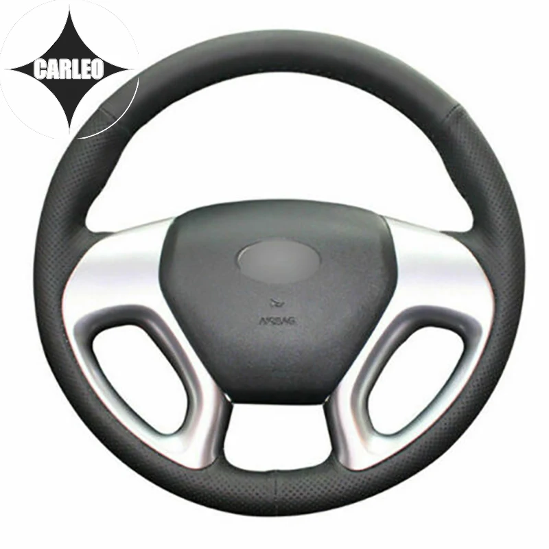 

DIY Car Steering Wheel Cover for Hyundai ix35 Tucson 2 Genuine Black Leather Custom Hand Stitching Holder Top Layer Wrap