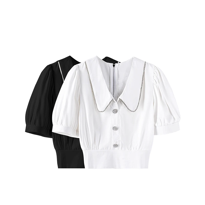 

Chiffon Shirts Spring Summer 2021 New Short Sleeve Waist Turn-down Collar Casual Women Tops