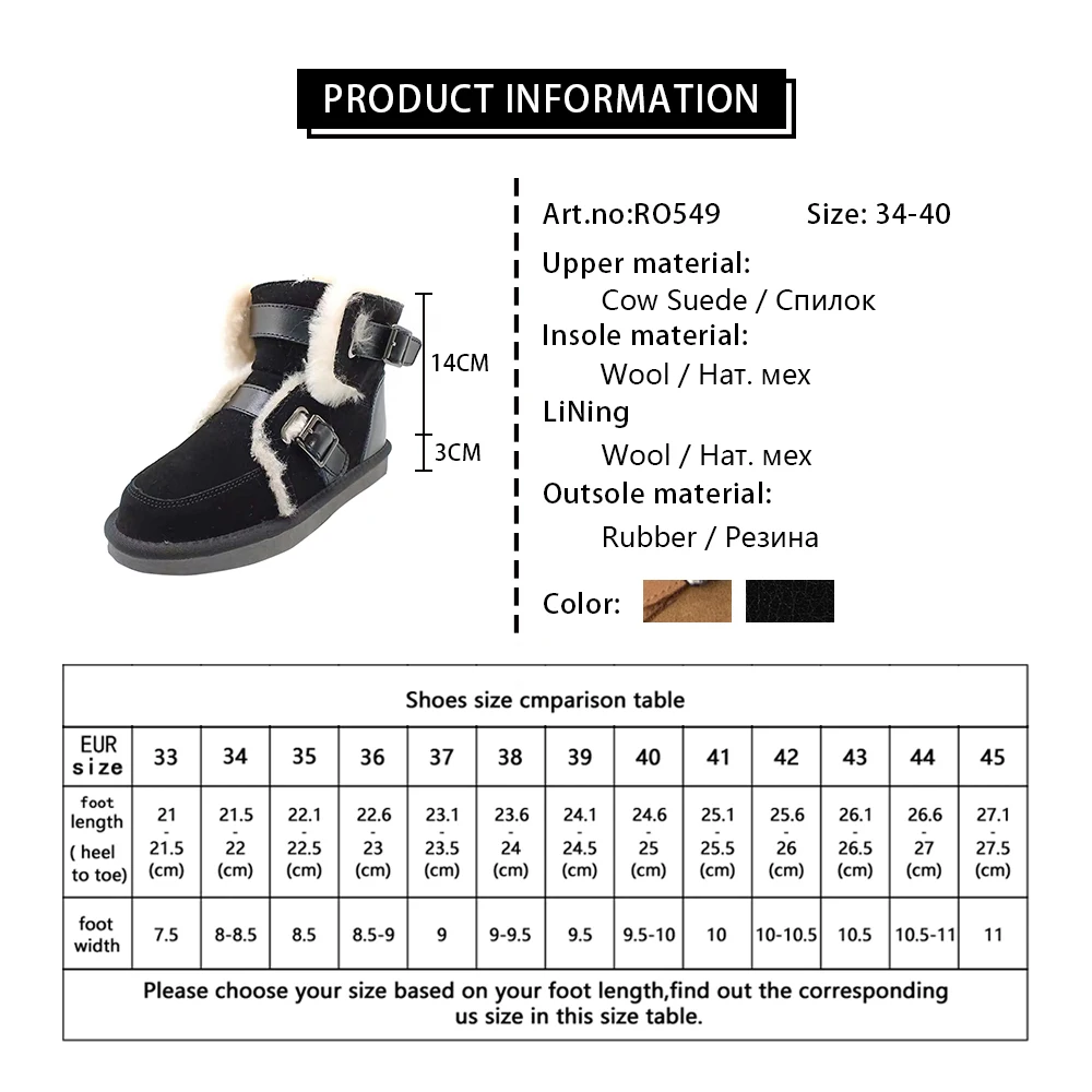 

RJN Cow Suede Solid Women's Shoes Fashion Round Toe Flat Heel Buckle Strap Ankle Boots Winter Warm Wool Thick Snow Boots RO549