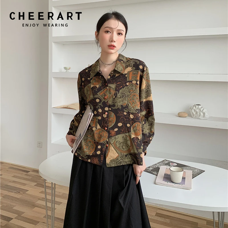 

CHEERART Baroque Vintage Long Sleeve Shirt Women Autumn 2021 Brown Tops And Blouses Button Up Retro Print Collared Shirt Clothes