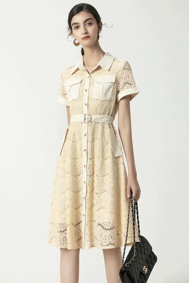 

Designer Spring New Style Women'S High-Quality Fashion Party Elegant Chic Belt Slim-Fit Lapel Stitching Lace Midi Dress