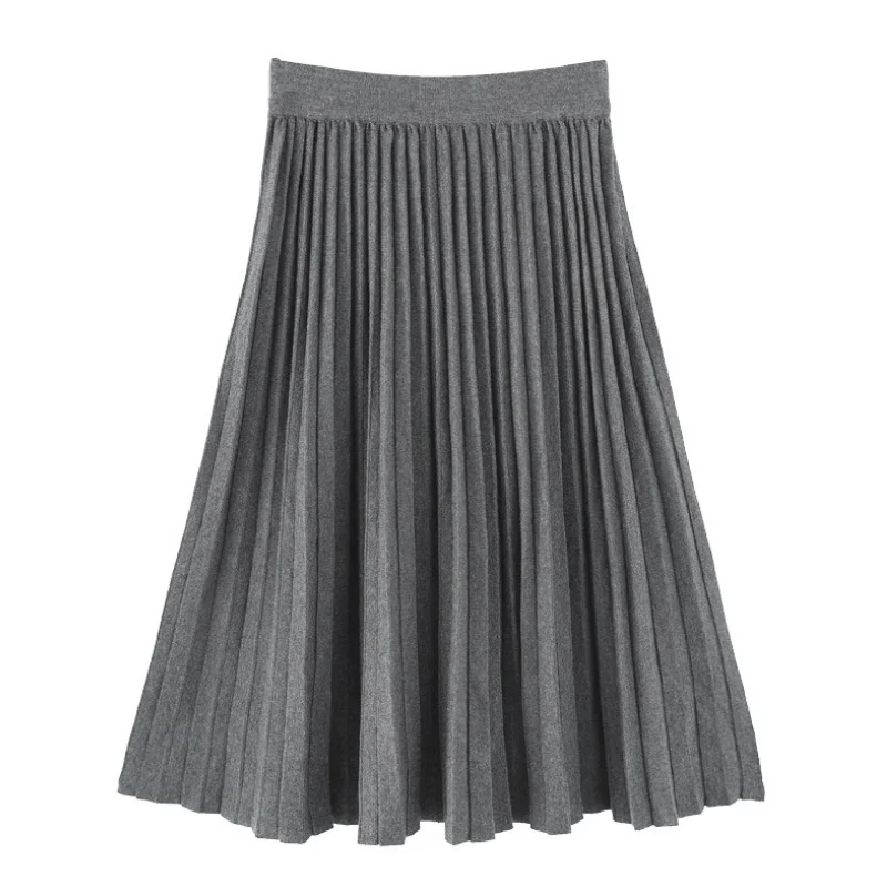 

2020 Fashion Simple Knitted Skirt High Waist Pleated Large Swing Umbrella Skirt Mid-length A-line Fairy Woolen Skirt