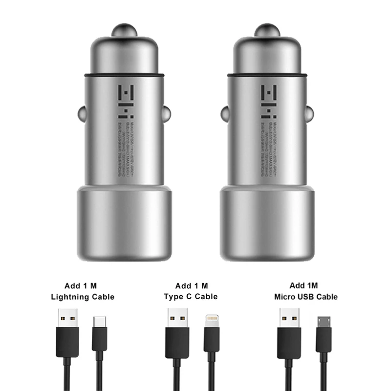 2pcs add 3 cables ZMI автомобиля Зарядное устройство с двумя портами USB QC3.0 быстрое зарядное устройство 5V 2.4A металлический подать заявку на iPhone samsung iPad huawei LG смартфон - Цвет: 2pcs add 3 cables