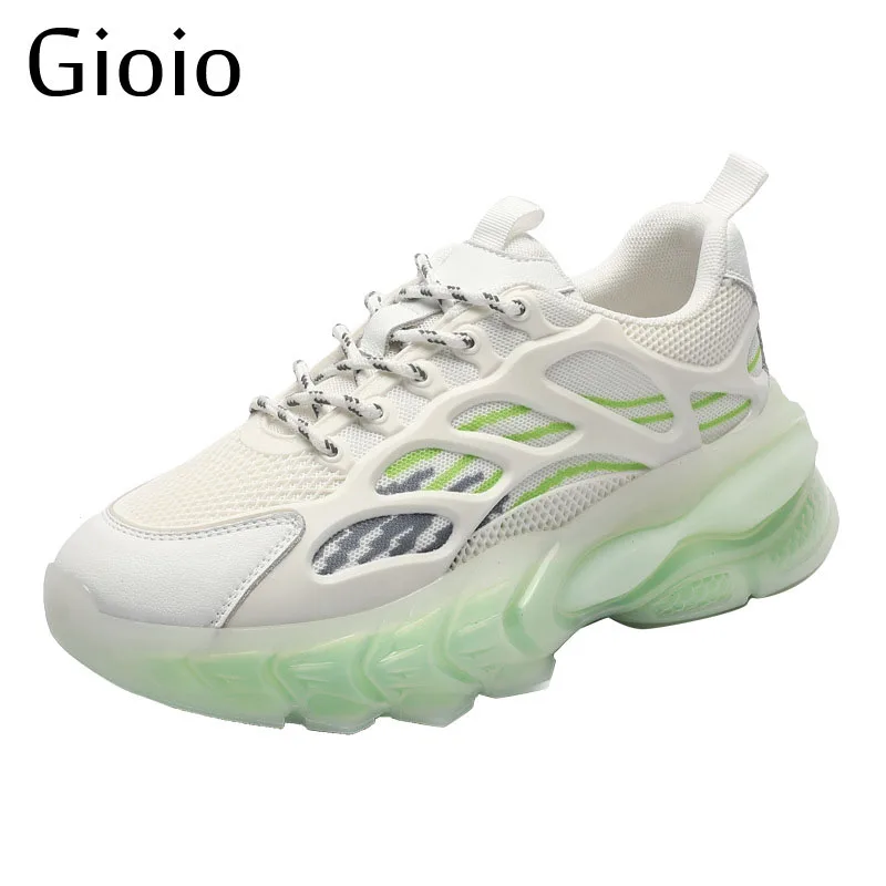 Gioio Women Chunky Sneakers Synthetic Leather Mesh Patchwork Green Thick Sole Ladies Breathable Shoes Round Toe Lace-Up