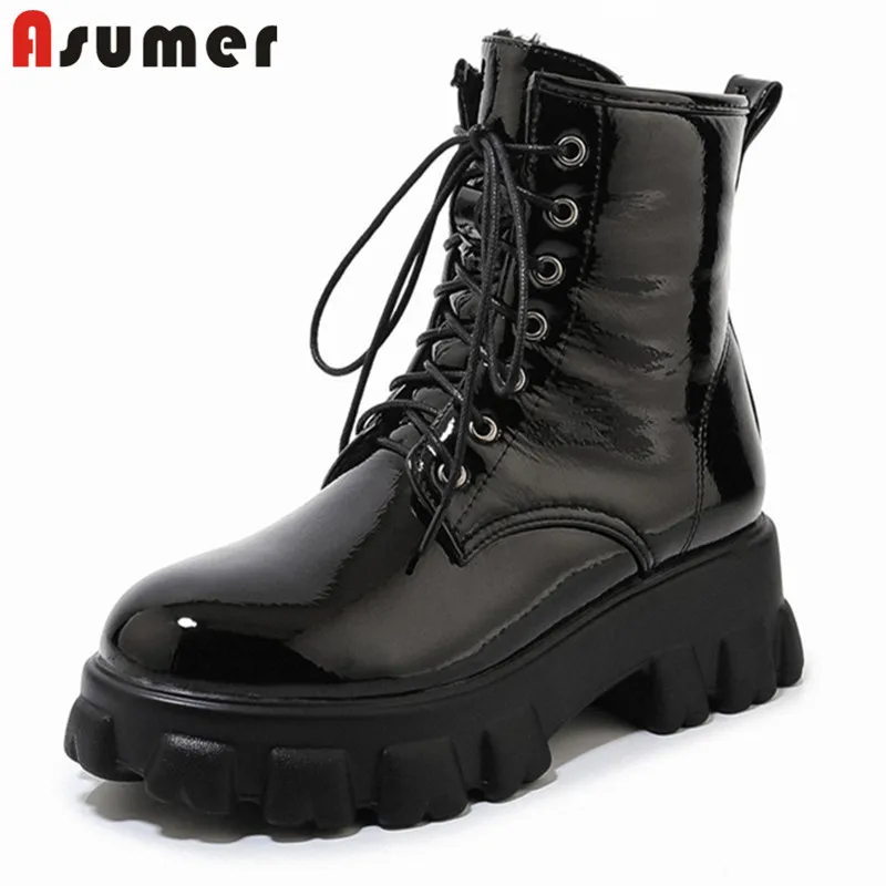 Женские ботильоны с круглым носком ASUMER черные ботинки на плоской платформе