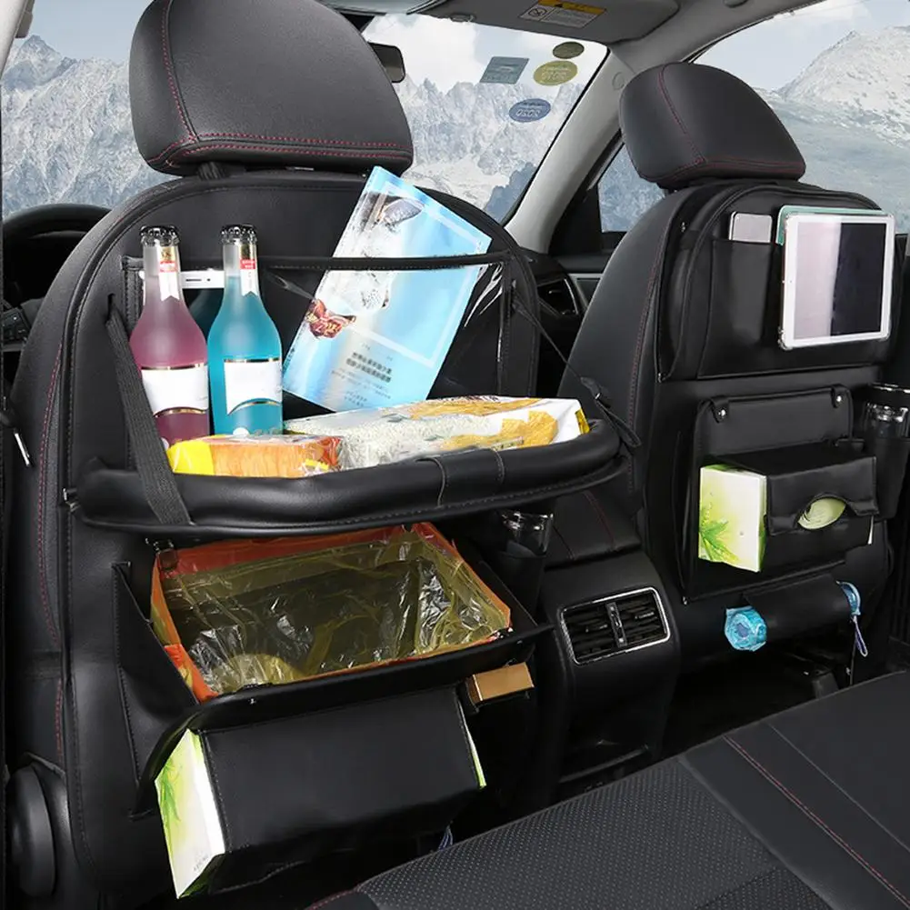 

Car Backseat Organizer Pu Leather Pad Bag Car Storage Holder Foldable Table Tray Travel MultiPocket Storage Bag Auto Accessories