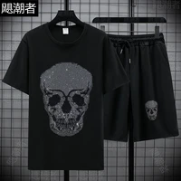 skull suit mens hot drill short sleeve t shirt fashion large size loose flash drill leisure sports five point shorts set