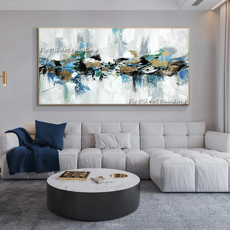 

Handmade Thick Oil Painting Large Modern Abstract On Canvas Blue White Gold Knife Painting Wall Art for living room