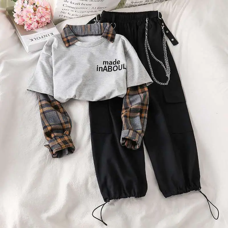 

Casual Suirt Womens Sports Loose High Waist Harem Pants + Fake Two-piece Sweater Punk Streetwear Spring and Autumn Female Sets