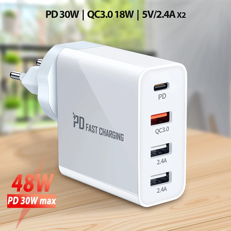 

4 Ports USB Charger Quick Charge Plug 48W PD QC3.0 Portable Travel Charging Station For iPhone 12 Pro Xiaomi 11 US EU UK AU Plug
