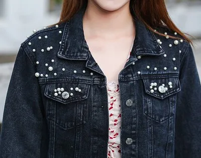 Vintage Pearl Short Denim Jackets Women Beading Loose Coat Long-Sleeve For Girl Casual Jean Jacket Bomber Oversized Coat