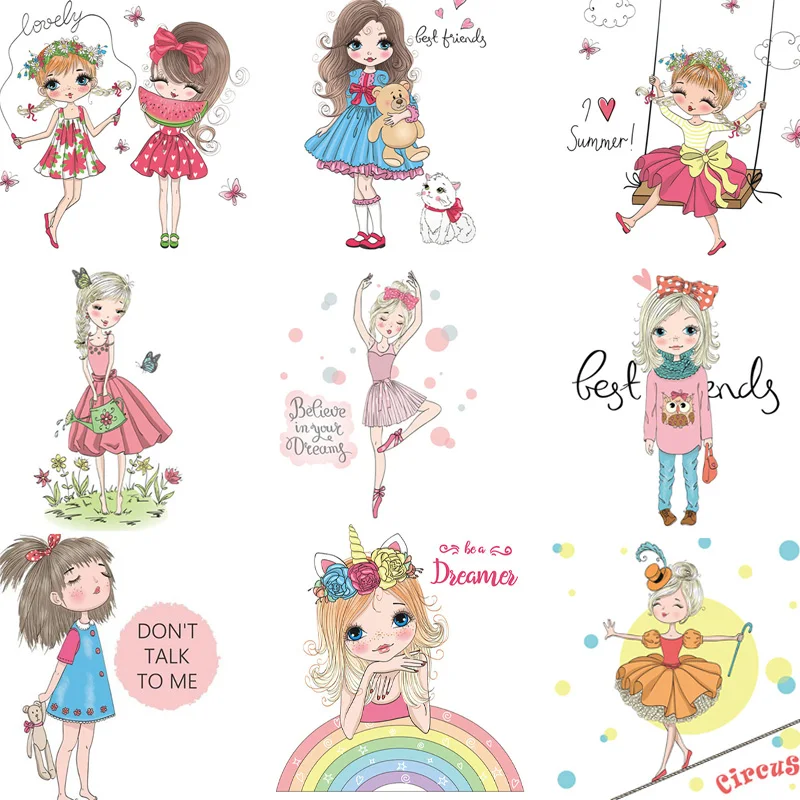 

Cute Crtoon Girls Iron on Patches For DIY Heat Transfer Clothes T-shirt Thermal Transfer Stickers Decoration Printing