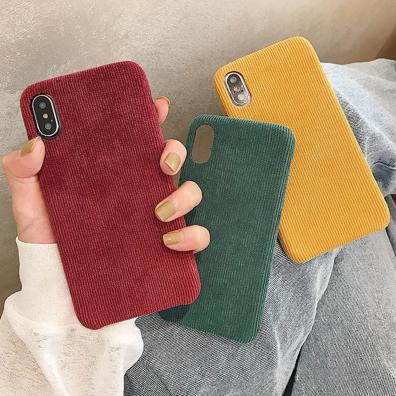 Ottwn Phone Case For iPhone 11 X XR XS Max Corduroy Cloth Texture Case For iPhone 6 6s 7 8 Plus Warm Fabric Fuzzy Soft PU Cover