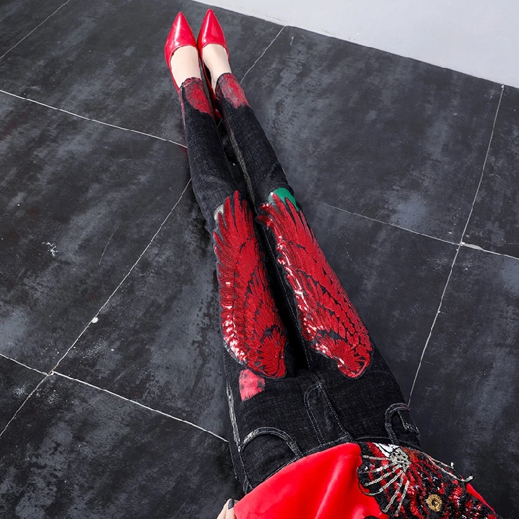 Европейские джинсовые брюки с крылышками женские осенне-зимние красными