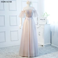 kaunissina pink bridesmaid dresses long elegant a line o neck tulle appliques wedding party gown custom size brides maid dress