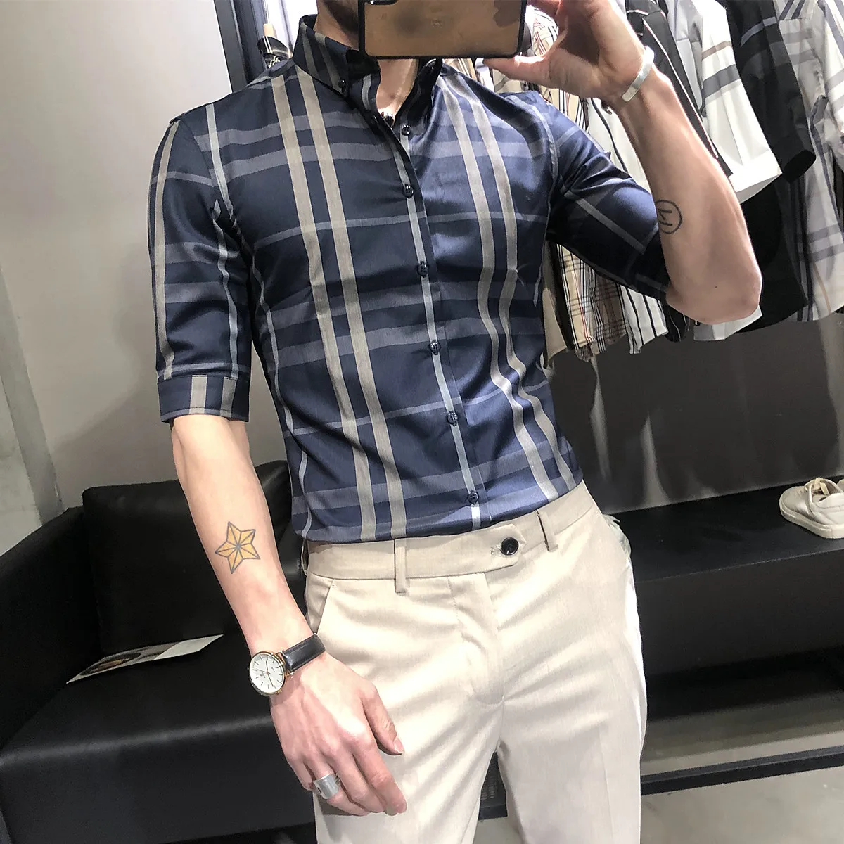 

Рубашка мужская приталенная в клетку, брендовая деловая формальная сорочка с коротким рукавом, повседневная офисная одежда, лето 2021