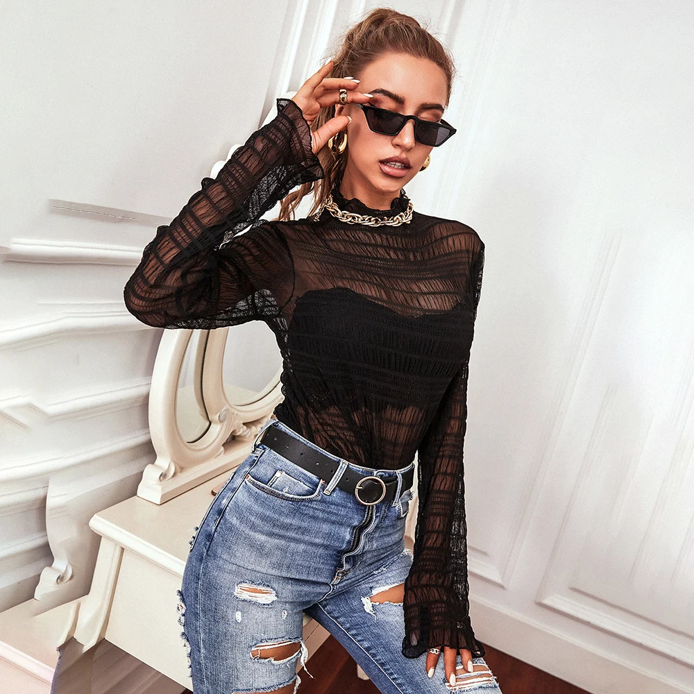 

Women's Blouses Elastic Black Sexy Ladies Sheer Transparent Mesh Ruched Shirts For Women Without Bra 2021 Summer Fashion Tops