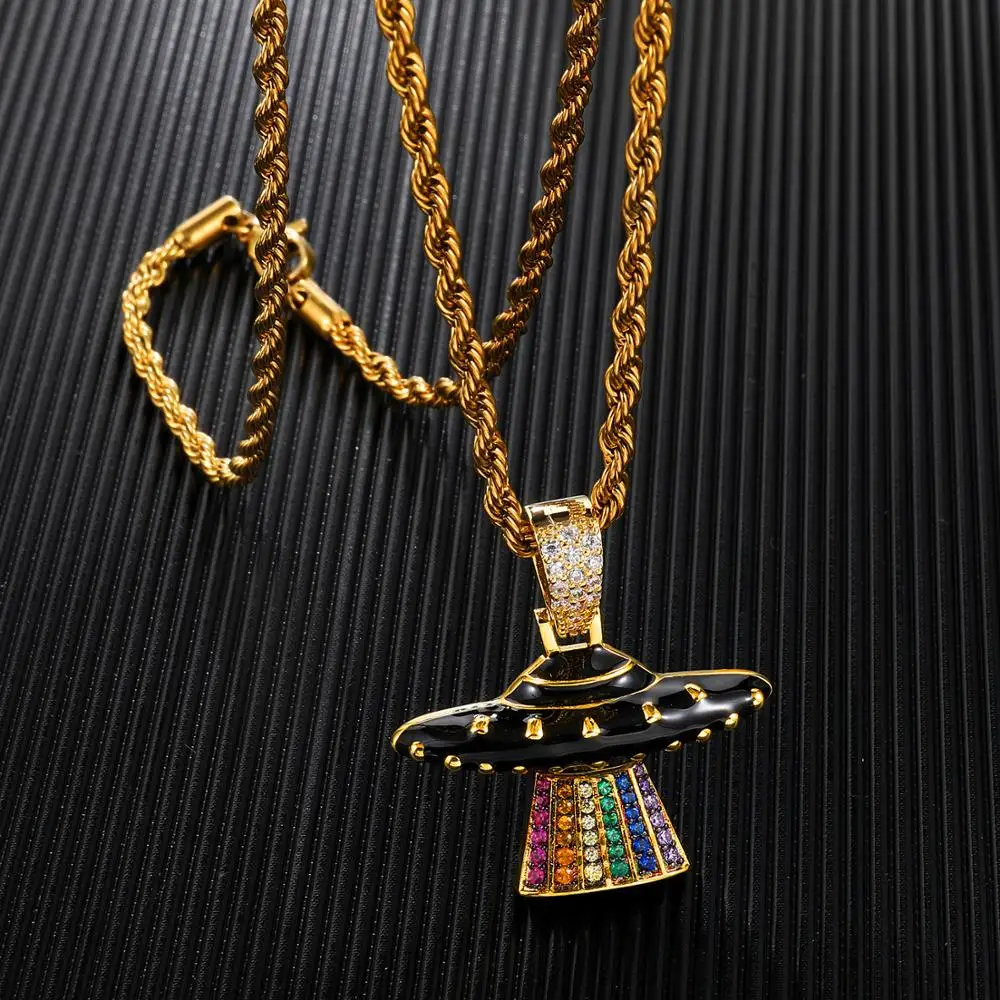 Men/Women Hip hop UFO airship Pendant Necklaces with AAA Zircon tennis chain Hiphop iced out bling Necklace fashion jewelry | Украшения и