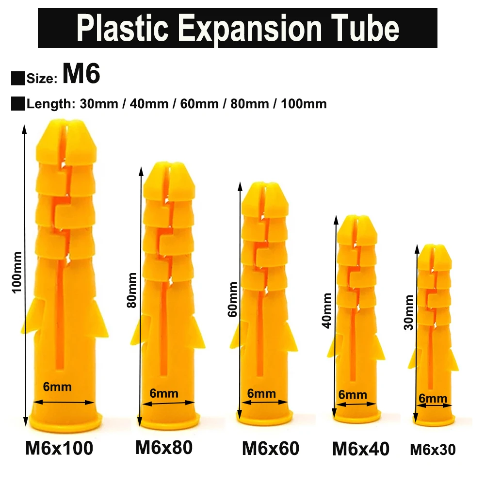 

M6 Wall Plastic Wall Anchor Bolts Expansion Pipe Column Concrete Wall Plug Frame Fixings Tube Yellow