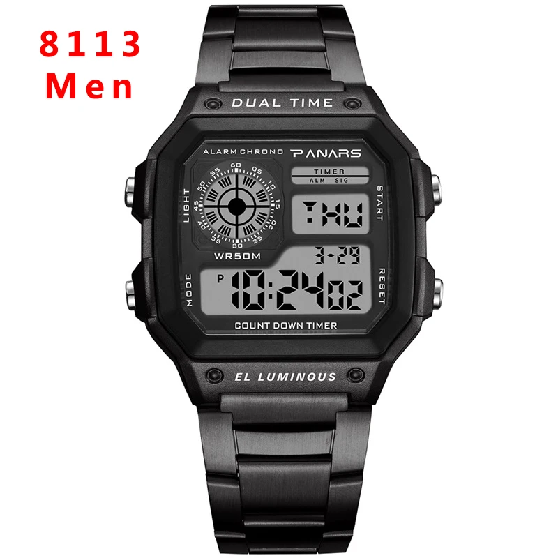 SYNOKE Для мужчин цифровые часы Роскошные Серебристые Нержавеющая сталь будильник