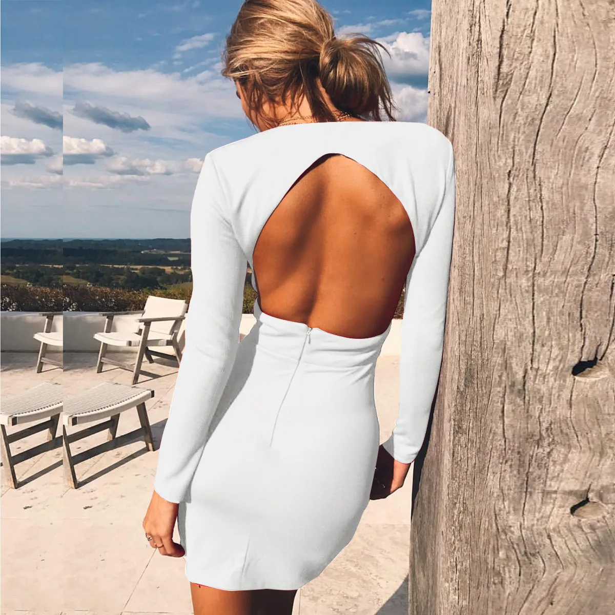

Women's Deep V Neck Bodycon Dress Long Sleeve Backless Sexy Club Party Dresses Fashion Solid Color Office Lady Spring Dresses