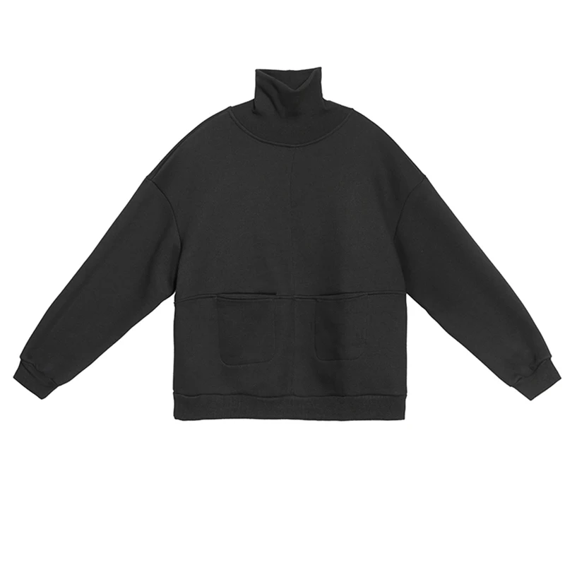 

[EAM] Black Spliced Thick Loose Fit Sweatshirt New Turtleneck Long Sleeve Women Big Size Fashion Spring Autumn 2021 1DD0434