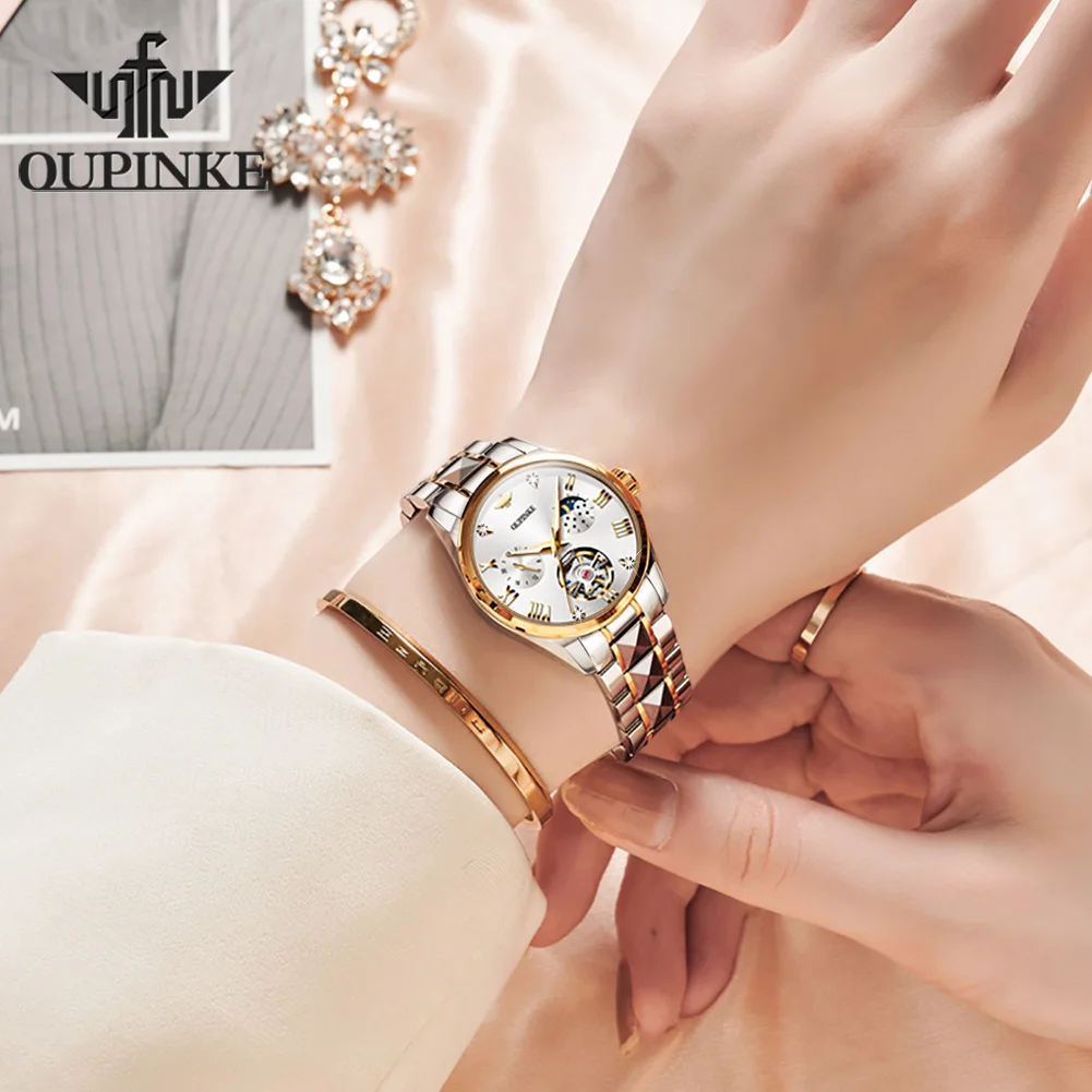 OUPINKE Luxury New Women's Wristwatch Sapphire Waterproof Luminous Skeleton Automatic Elegant Ladies Watch Bracelet Necklace Set enlarge