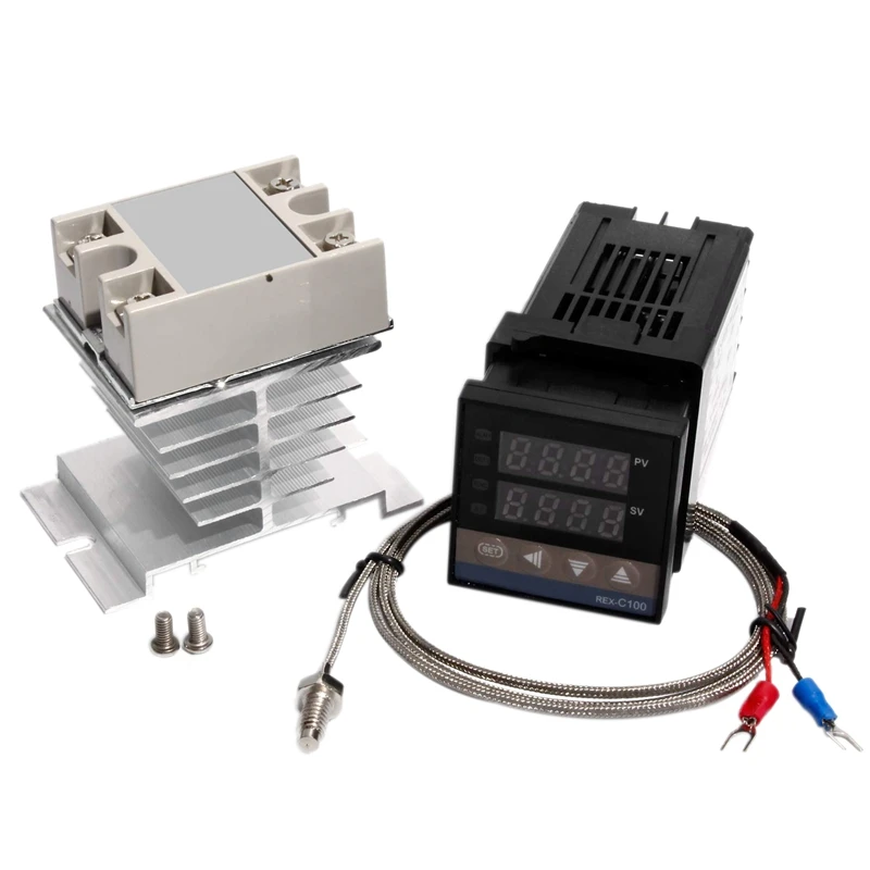 

Цифровой PID регулятор температуры REX C100 термостат + 25DA SSR реле K термопары 1 м M6 резьбовой зонд + теплоотвод акция