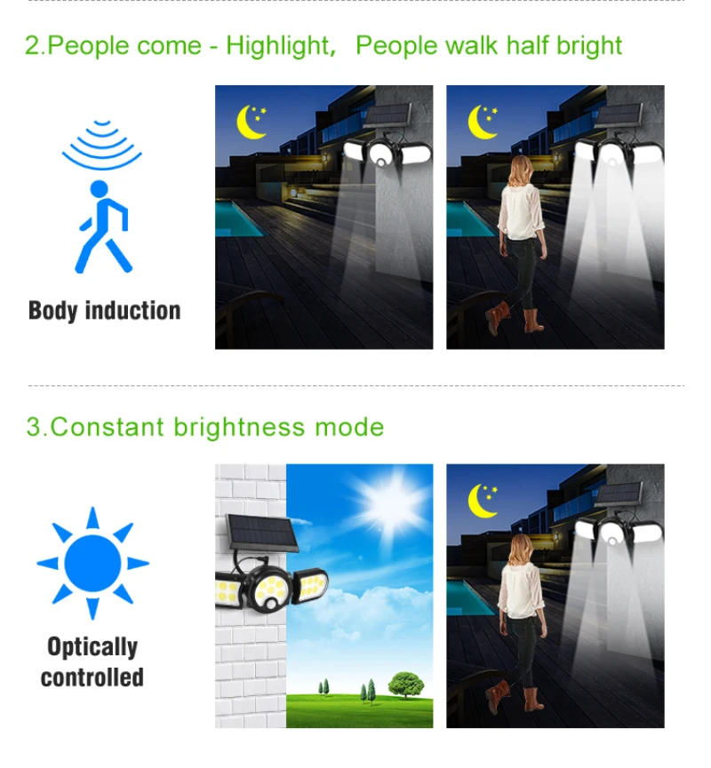 

LED Solar Lights Outdoor 3 Head Motion Sensor Wall Street Lamp Waterproof Garden Lawn Courtyard Lighting Split Type Street Light